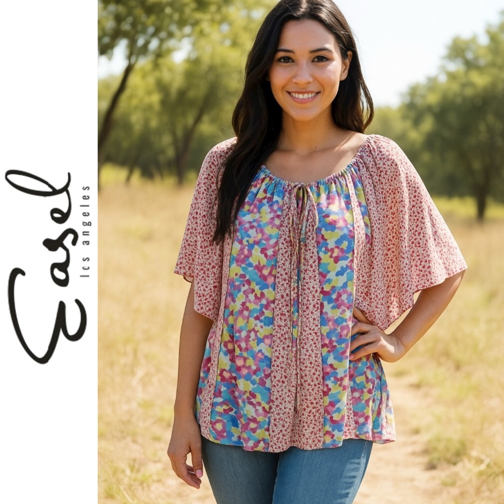 🌸 EASEL Boho Patchwork Flowy Peasant Tunic Top Tie Neck Flutter Sleeves - Medium